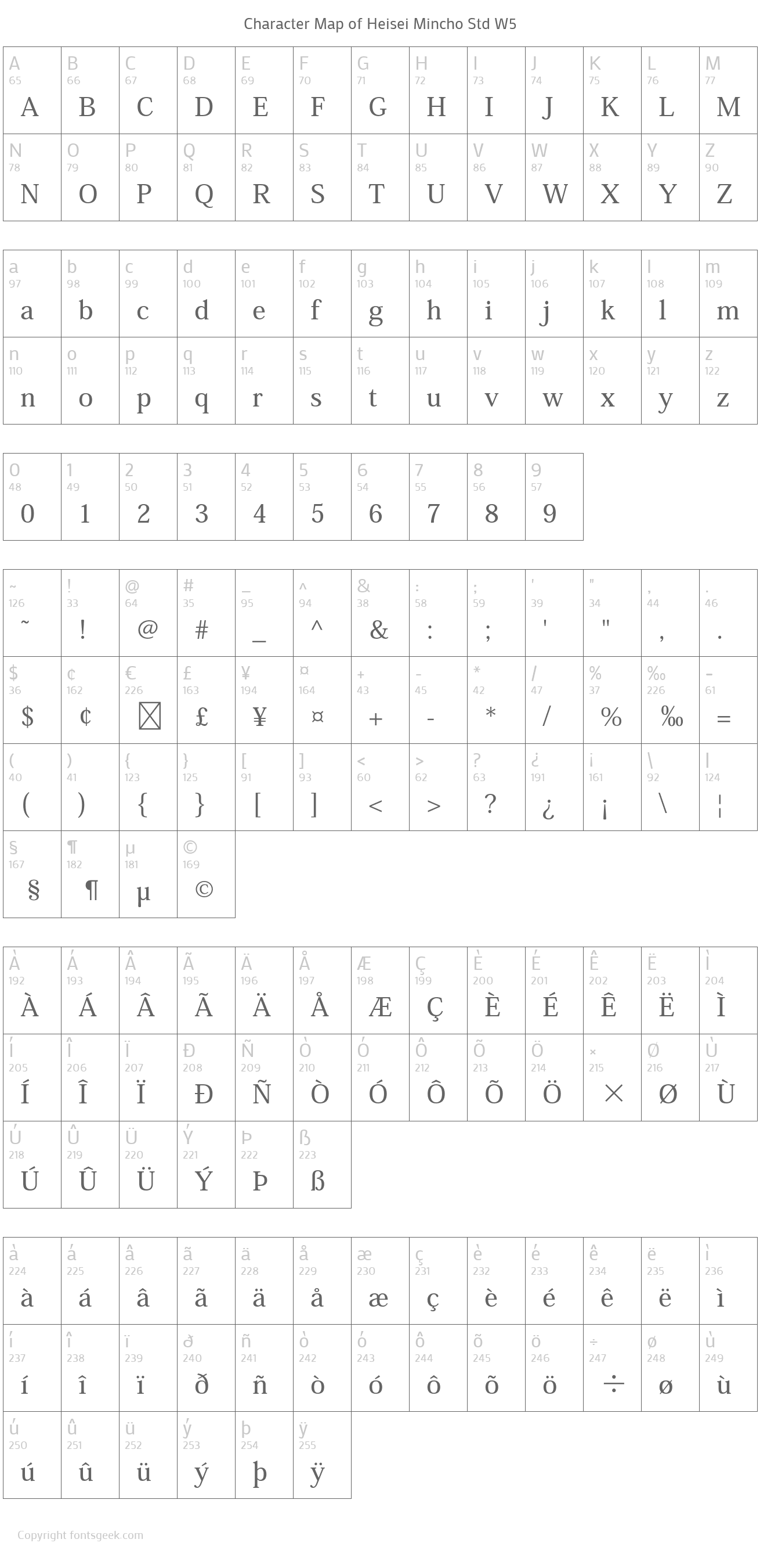 heisei-mincho-std font preview - main display